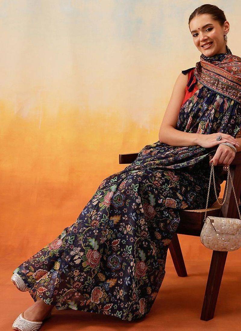 Navy blue printed cotton blend ethnic saree with blouse piece