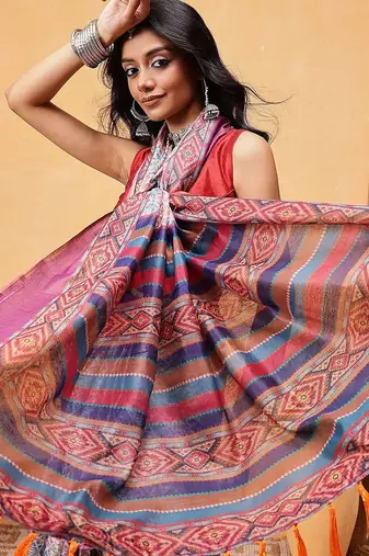 Pink printed cotton blend ethnic saree with blouse piece