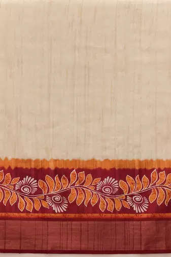 Off white printed silk blend ethnic saree with blouse piece