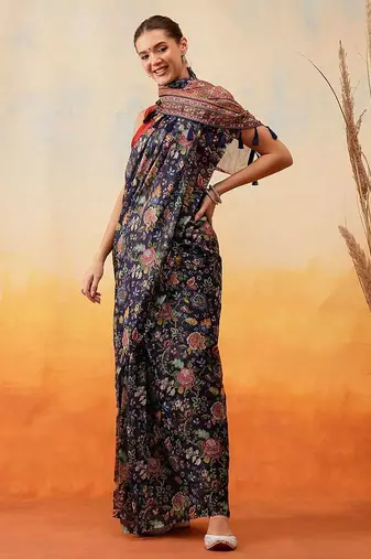 Navy blue printed cotton blend ethnic saree with blouse piece