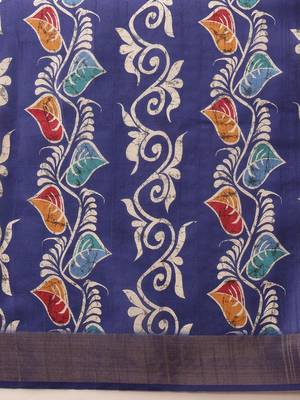 Blue printed silk blend ethnic saree with blouse piece 5