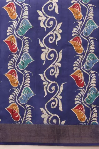 Blue printed silk blend ethnic saree with blouse piece