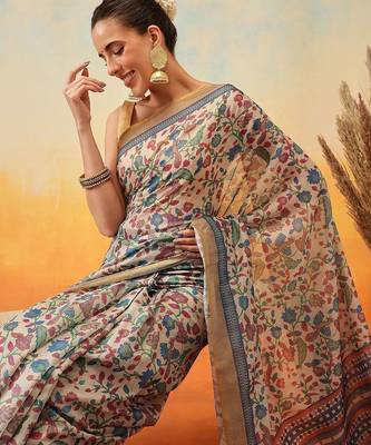 Beige printed cotton blend ethnic saree with blouse piece 1
