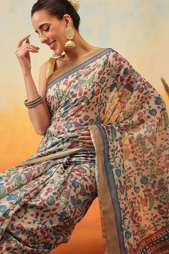 Beige printed cotton blend ethnic saree with blouse piece