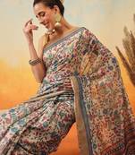 Beige printed cotton blend ethnic saree with blouse piece