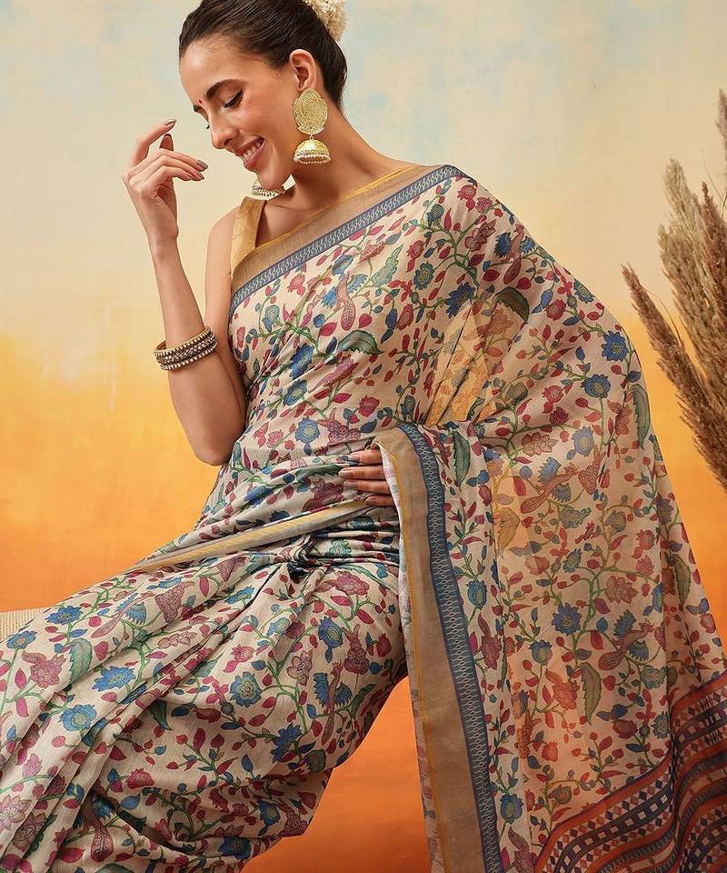Beige printed cotton blend ethnic saree with blouse piece