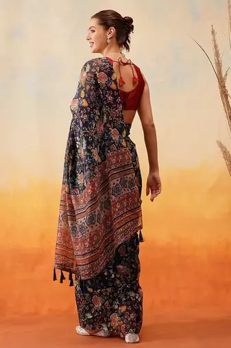 Navy blue printed cotton blend ethnic saree with blouse piece