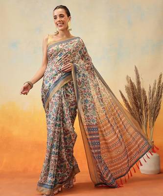 Beige printed cotton blend ethnic saree with blouse piece 2