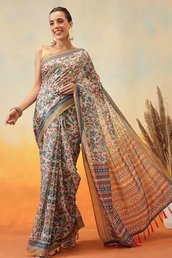 Beige printed cotton blend ethnic saree with blouse piece