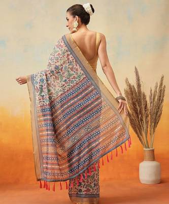 Beige printed cotton blend ethnic saree with blouse piece 3