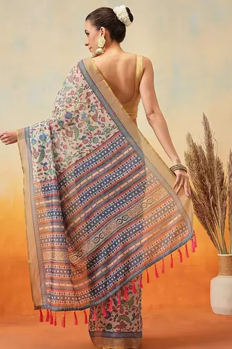 Beige printed cotton blend ethnic saree with blouse piece
