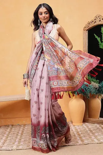 Rust printed cotton blend ethnic saree with blouse piece