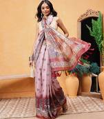 Rust printed cotton blend ethnic saree with blouse piece