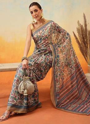 Beige printed cotton blend ethnic saree with blouse piece 4