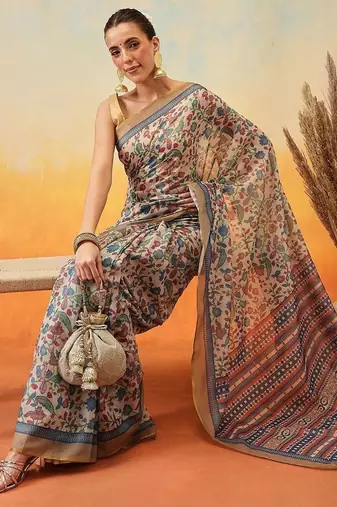Beige printed cotton blend ethnic saree with blouse piece