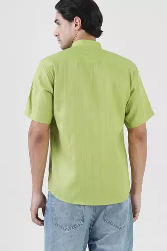 Green linen mandarin collar shirt for men
