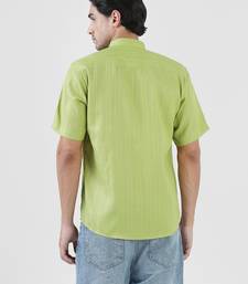Green linen mandarin collar shirt for men