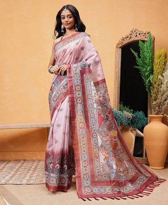 Rust printed cotton blend ethnic saree with blouse piece 2