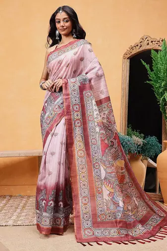 Rust printed cotton blend ethnic saree with blouse piece