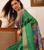 Green printed silk blend ethnic saree with blouse piece