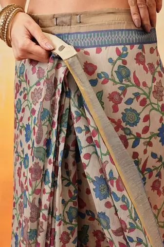 Beige printed cotton blend ethnic saree with blouse piece