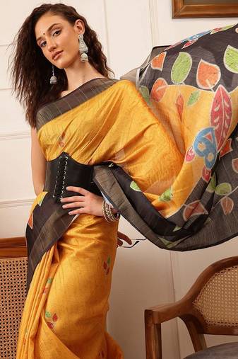 Mustard printed silk blend ethnic saree with blouse piece