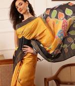 Mustard printed silk blend ethnic saree with blouse piece