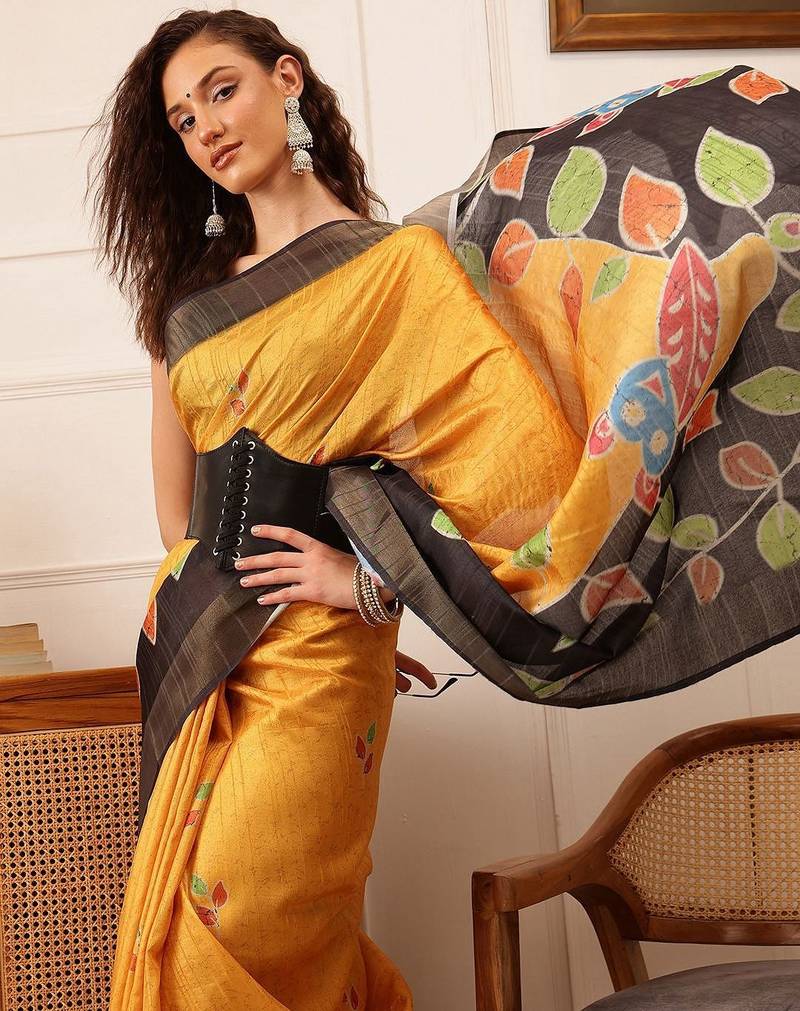 Mustard printed silk blend ethnic saree with blouse piece