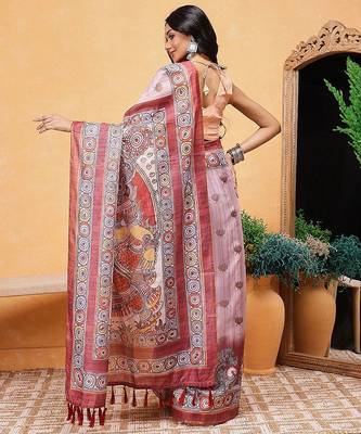 Rust printed cotton blend ethnic saree with blouse piece 3