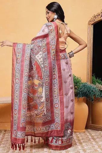 Rust printed cotton blend ethnic saree with blouse piece
