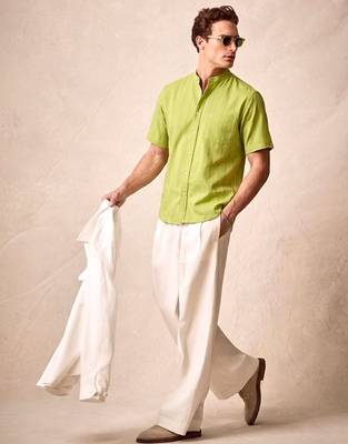 Green linen mandarin collar shirt for men 3