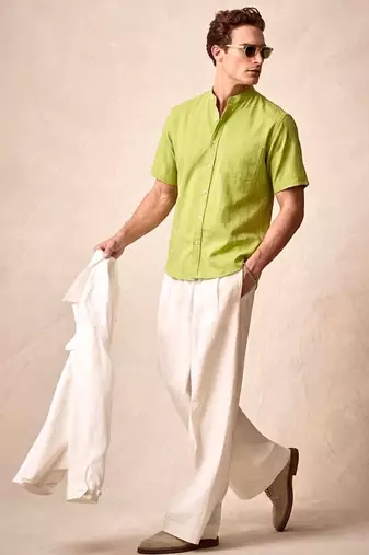 Green linen mandarin collar shirt for men