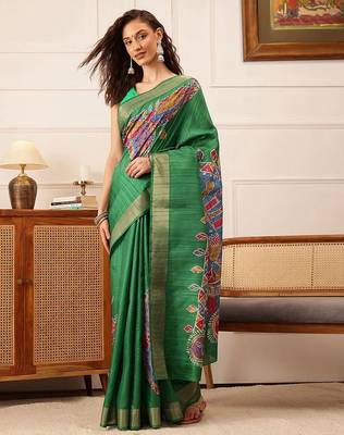 Green printed silk blend ethnic saree with blouse piece 2