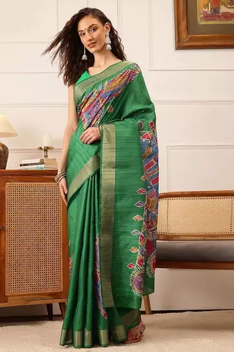 Green printed silk blend ethnic saree with blouse piece