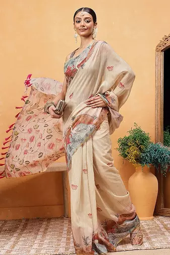Beige printed cotton blend ethnic saree with blouse piece