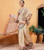 Beige printed cotton blend ethnic saree with blouse piece
