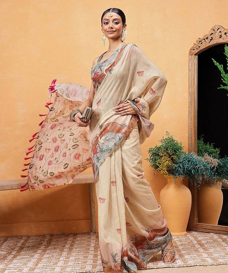 Beige printed cotton blend ethnic saree with blouse piece