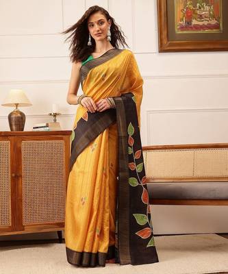 Mustard printed silk blend ethnic saree with blouse piece 2