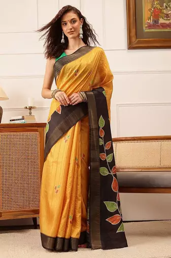 Mustard printed silk blend ethnic saree with blouse piece