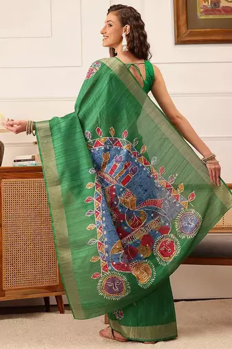 Green printed silk blend ethnic saree with blouse piece