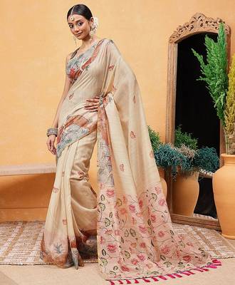 Beige printed cotton blend ethnic saree with blouse piece 2