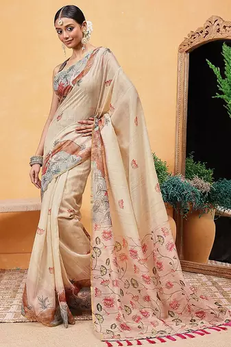 Beige printed cotton blend ethnic saree with blouse piece