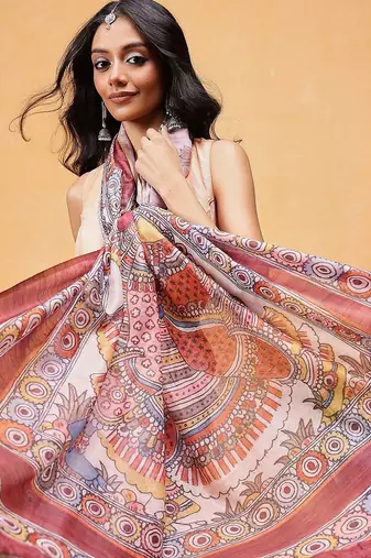 Rust printed cotton blend ethnic saree with blouse piece