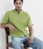 Green linen mandarin collar shirt for men