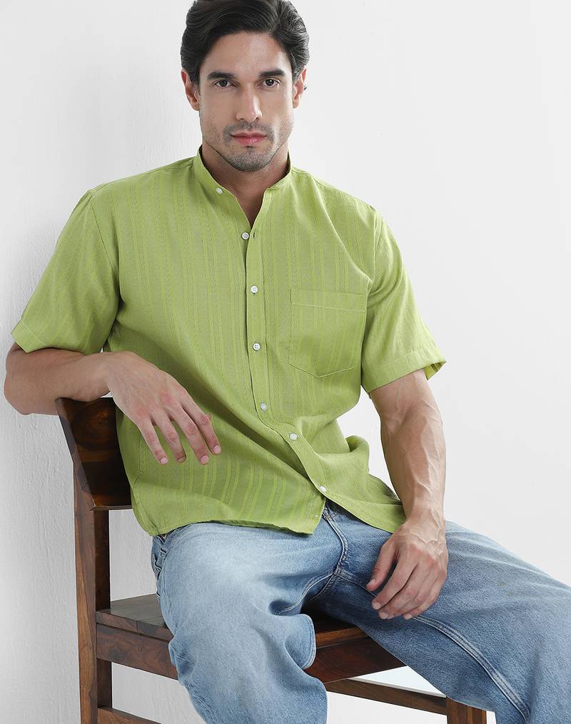 Green linen mandarin collar shirt for men