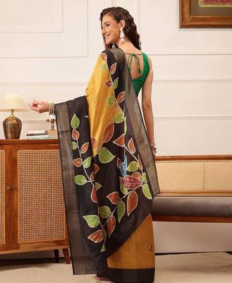 Mustard printed silk blend ethnic saree with blouse piece 3