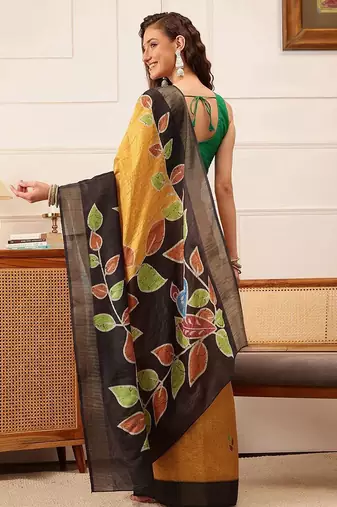 Mustard printed silk blend ethnic saree with blouse piece
