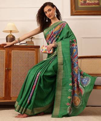 Green printed silk blend ethnic saree with blouse piece 4