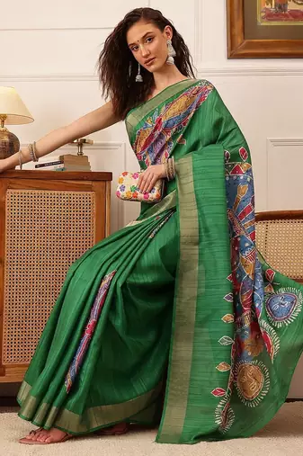 Green printed silk blend ethnic saree with blouse piece