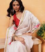 Off white printed silk blend ethnic saree with blouse piece